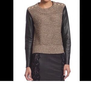 Tracy Reese Brown Gold Metallic Knit Sweater Black Lamb Leather Sleeves M